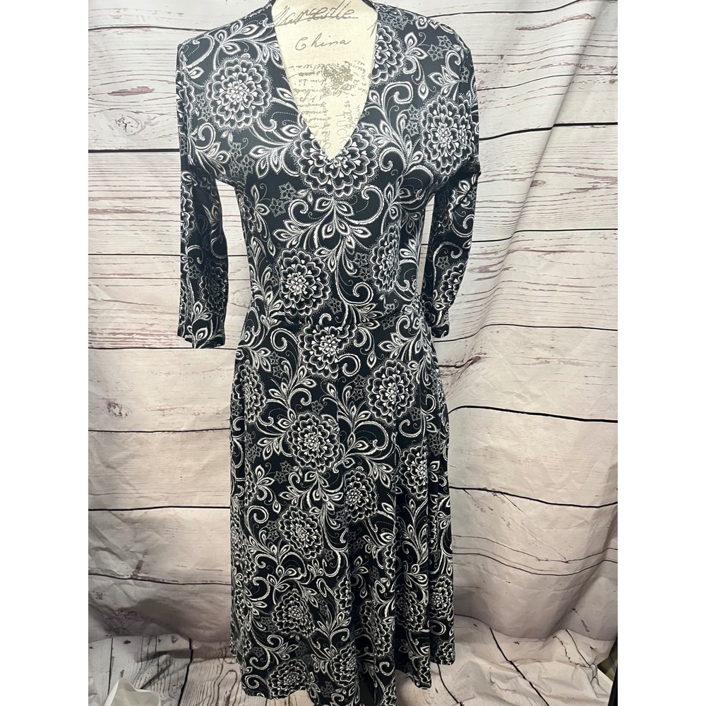 Agnes & Dora Black White Floral Paisley V-Neck 3/4 Sleeve Midi Dress Medium‎